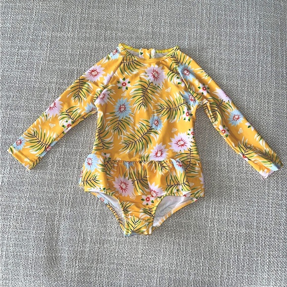 NWOT Toddler Swim Yellow Floral Long Sleeve One Piece Rash Guard Bathing Suit - Picture 1 of 3